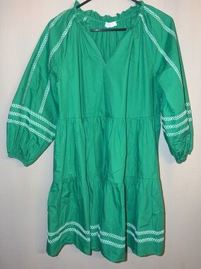 AVARA Green Tiered Peasant Dress with White Embroidery